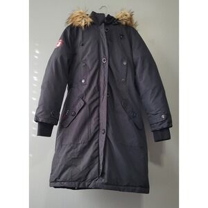 Canada Weather Gear Women's Long Parka Size L Black‎ w Brown Faux-Fur Trim Hood